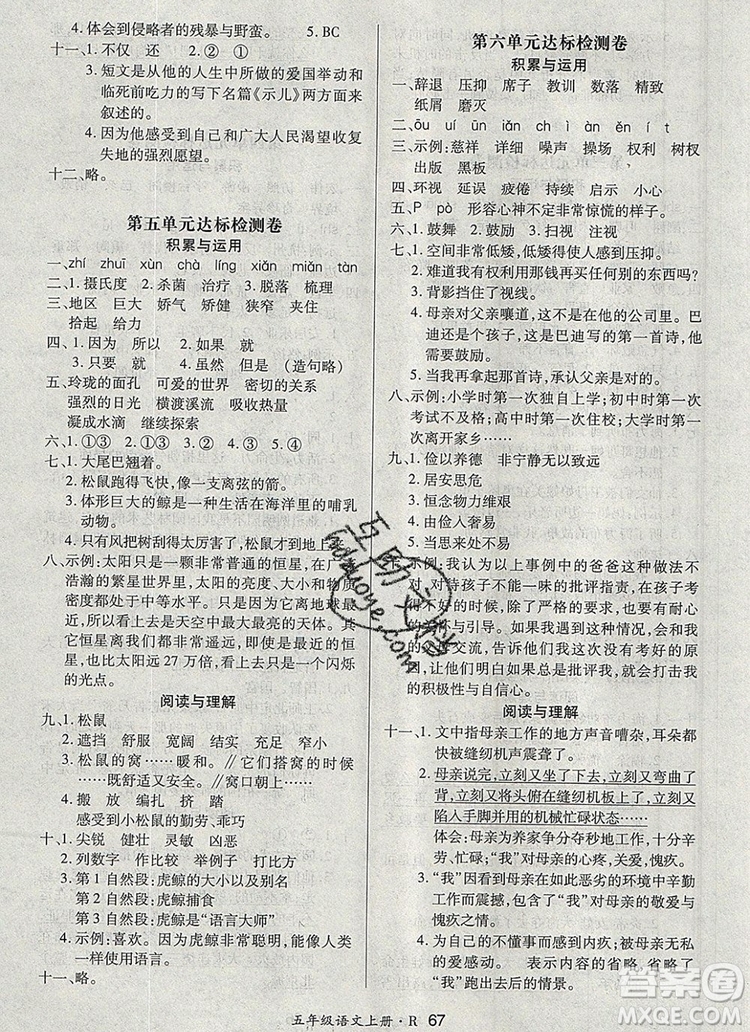 2019年秋新版贏在立德狀元1卷通五年級(jí)語文上冊(cè)人教版答案