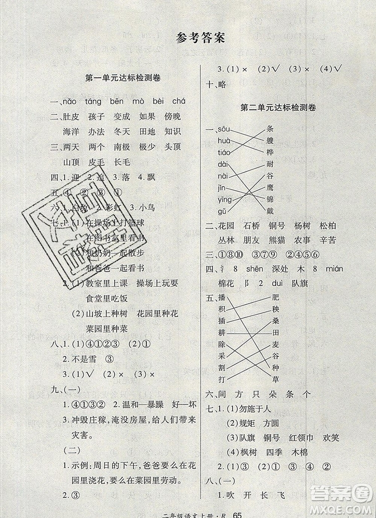 2019年秋新版贏在立德?tīng)钤?卷通二年級(jí)語(yǔ)文上冊(cè)人教版答案