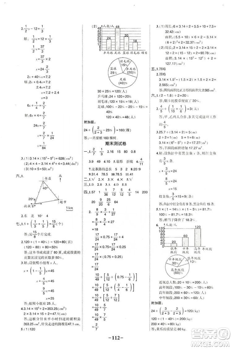 長江出版社2019狀元成才路狀元作業(yè)本六年級數(shù)學(xué)上冊人教版答案