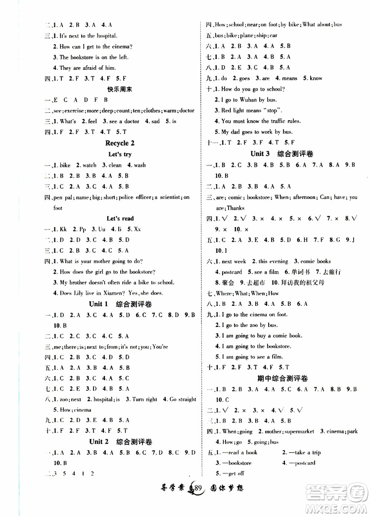 2019年優(yōu)質(zhì)課堂導(dǎo)學(xué)案英語六年級上冊RJ人教版參考答案