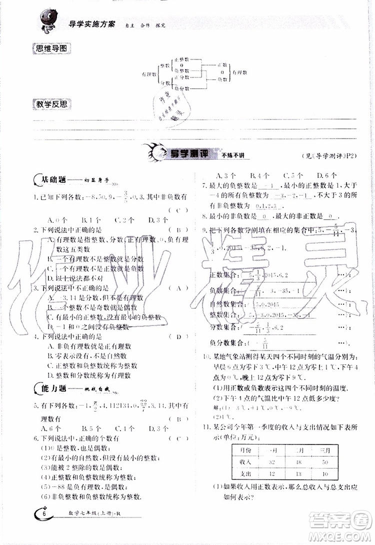 金太陽教育2019年金太陽導學案數(shù)學七年級上冊創(chuàng)新版參考答案