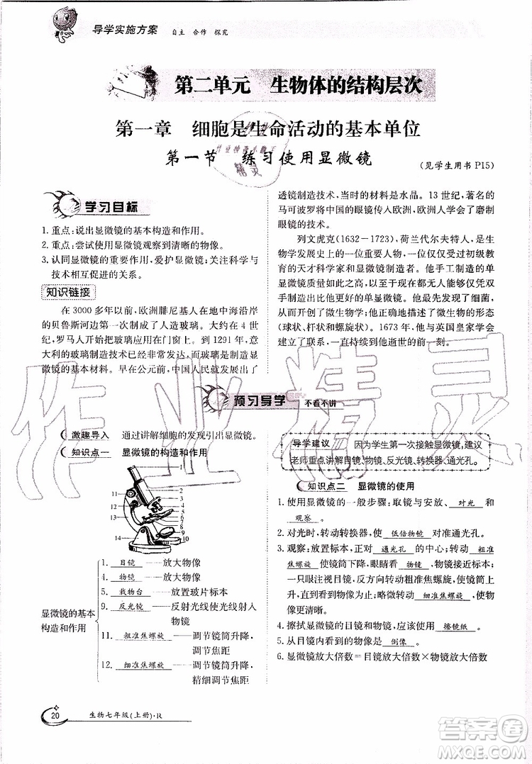 金太陽教育2019年金太陽導學案生物七年級上冊創(chuàng)新版參考答案