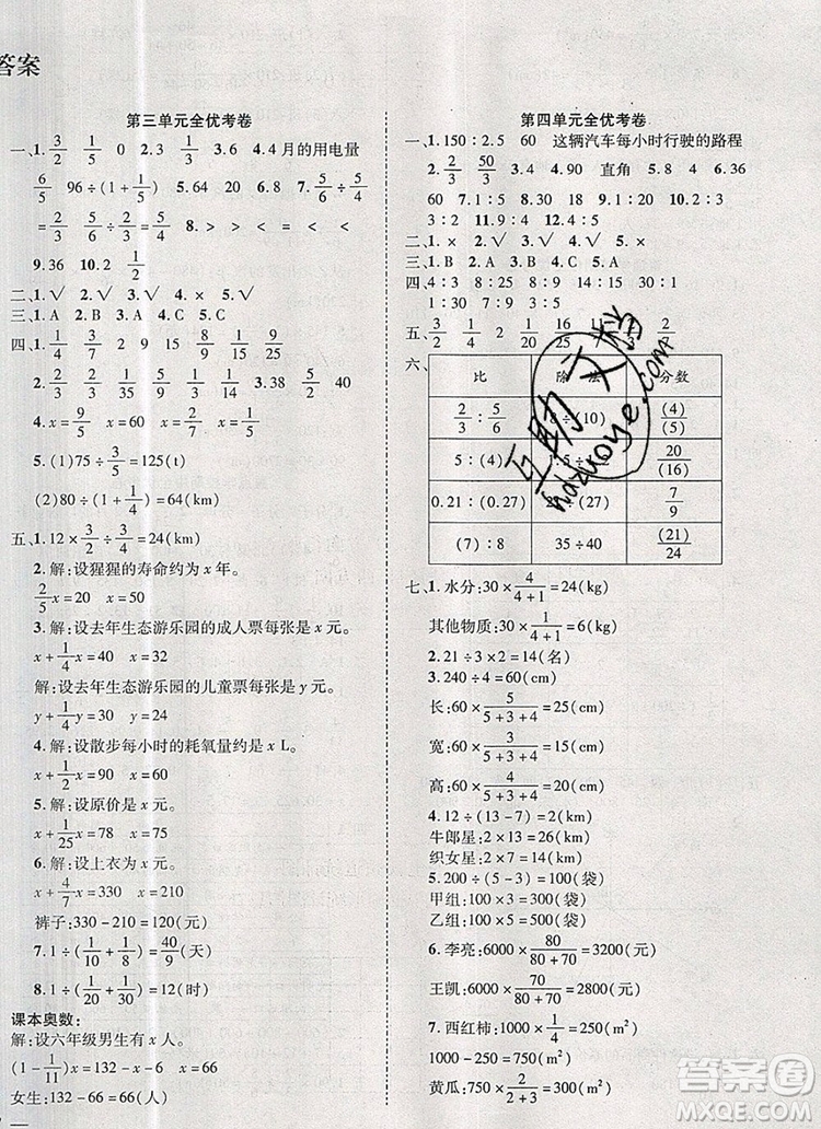 2019年小學(xué)同步檢測必備全優(yōu)考卷六年級數(shù)學(xué)上冊人教版答案