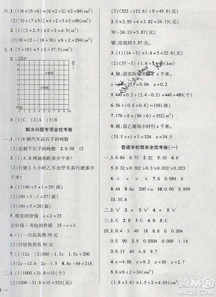 2019年小學同步檢測必備全優(yōu)考卷五年級數(shù)學上冊人教版答案