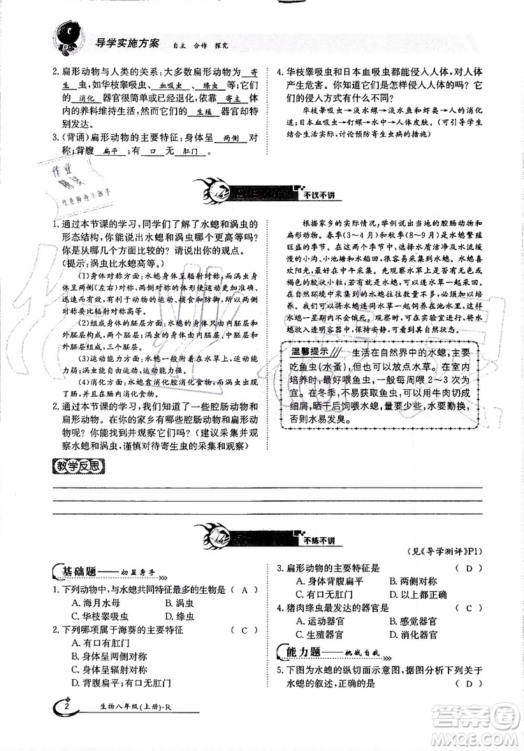 金太陽教育2019年金太陽導學案生物八年級上冊創(chuàng)新版參考答案