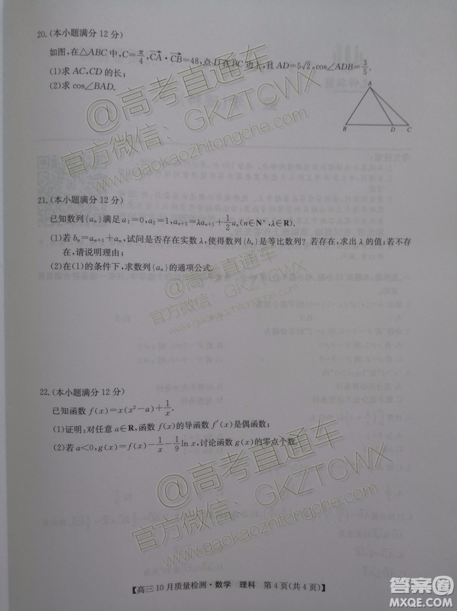 2020屆河南九師聯(lián)盟高三10月聯(lián)考理科數(shù)學試題及答案