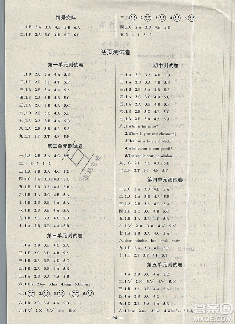 2019年秋新版創(chuàng)優(yōu)作業(yè)100分導(dǎo)學(xué)案四年級英語上冊人教版答案