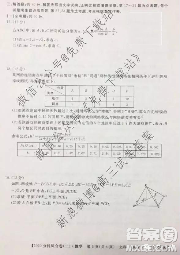 2020屆全國(guó)高考3+3分科綜合卷二文科數(shù)學(xué)試題及參考答案