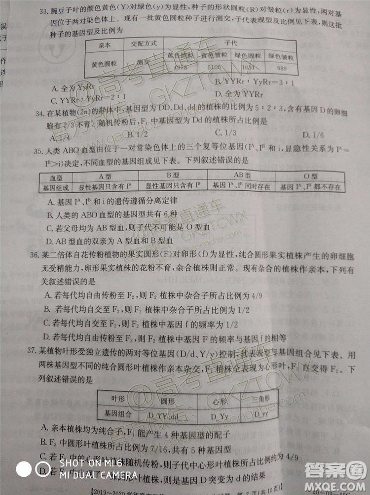 2020屆吉林金太陽高三10月聯(lián)考生物試題及參考答案