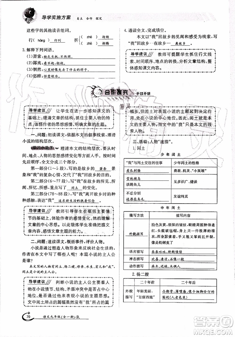 金太陽教育2019年金太陽導(dǎo)學(xué)案語文九年級(jí)全一冊(cè)創(chuàng)新版參考答案