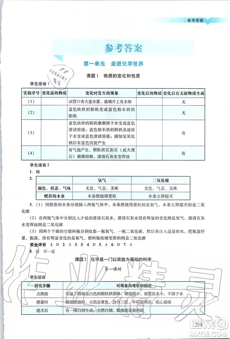 2019年陽光學業(yè)評價化學九年級上冊人教版參考答案