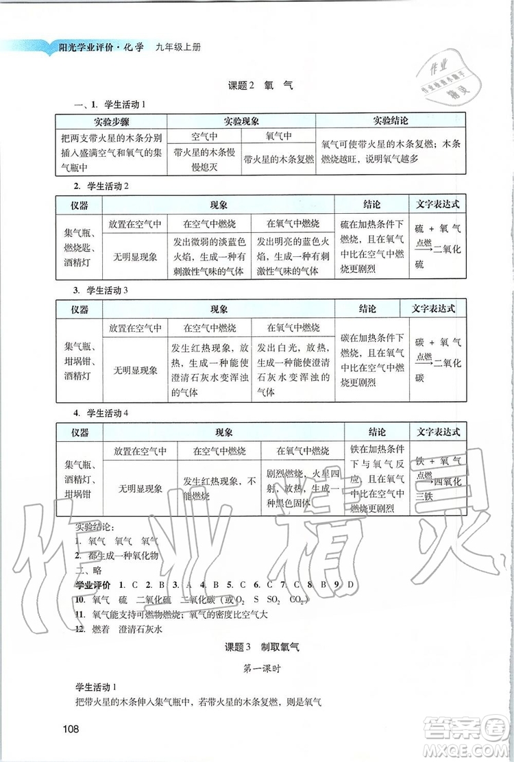 2019年陽光學業(yè)評價化學九年級上冊人教版參考答案