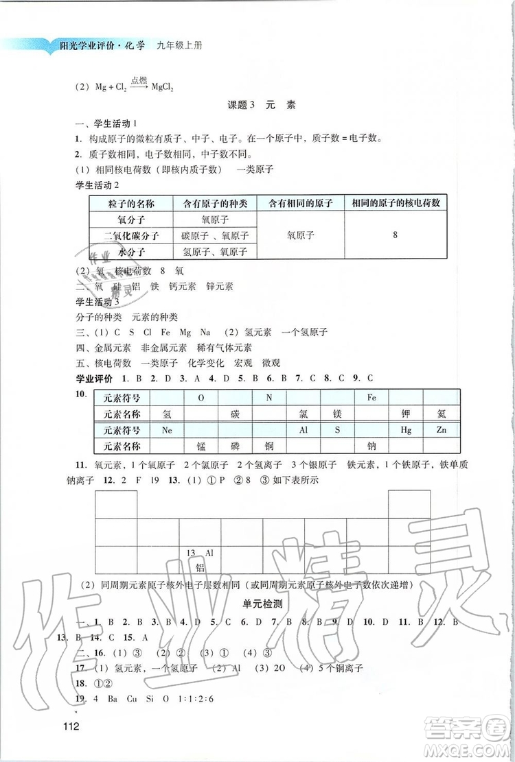 2019年陽光學業(yè)評價化學九年級上冊人教版參考答案