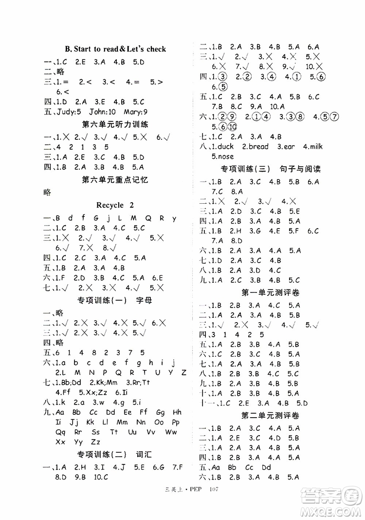 2019秋優(yōu)翼叢書學(xué)練優(yōu)小學(xué)英語三年級(jí)上PEP人教版參考答案