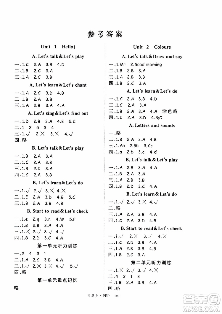 2019秋優(yōu)翼叢書學(xué)練優(yōu)小學(xué)英語三年級(jí)上PEP人教版參考答案