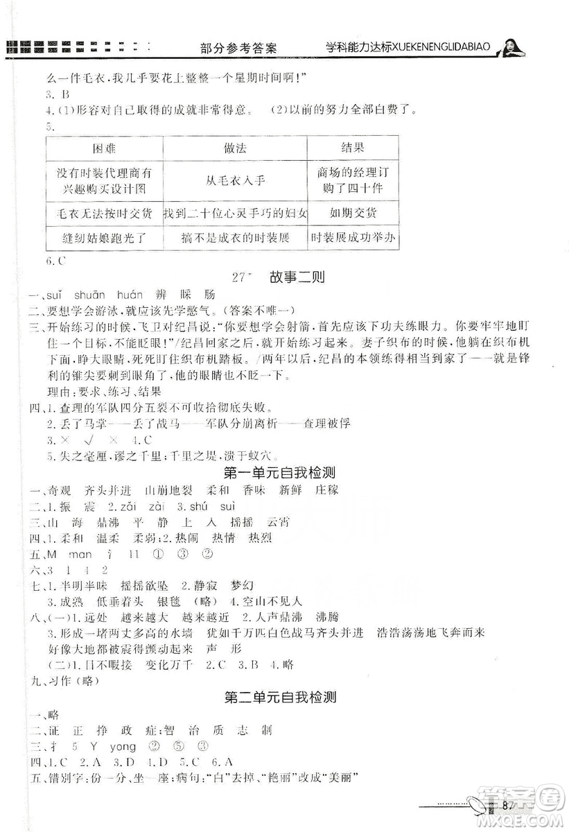 花山文藝出版社2019花山小狀元學(xué)習(xí)力提升達(dá)標(biāo)四年級語文上冊人教版答案