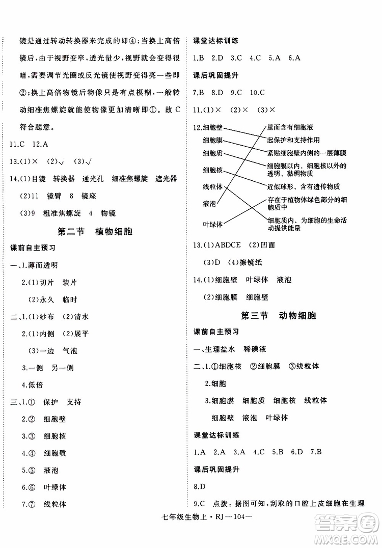 2019秋優(yōu)翼叢書學(xué)練優(yōu)生物七年級(jí)上RJ人教版參考答案