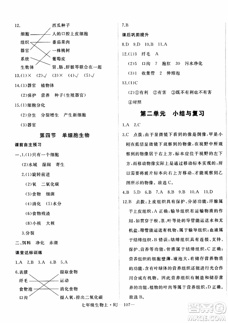 2019秋優(yōu)翼叢書學(xué)練優(yōu)生物七年級(jí)上RJ人教版參考答案