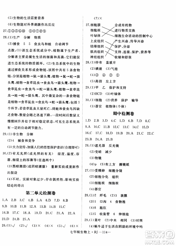 2019秋優(yōu)翼叢書學(xué)練優(yōu)生物七年級(jí)上RJ人教版參考答案