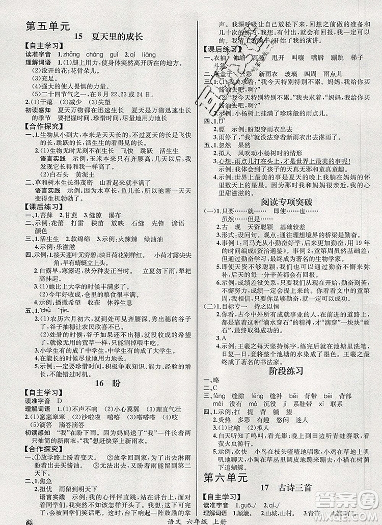 2019年秋人教版河北專版同步導(dǎo)學(xué)案課時(shí)練六年級(jí)語(yǔ)文上冊(cè)答案