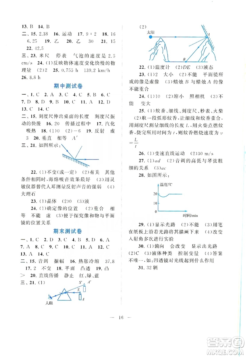 江蘇人民出版社2019啟東黃岡作業(yè)本八年級物理上冊江蘇科技教材適用答案