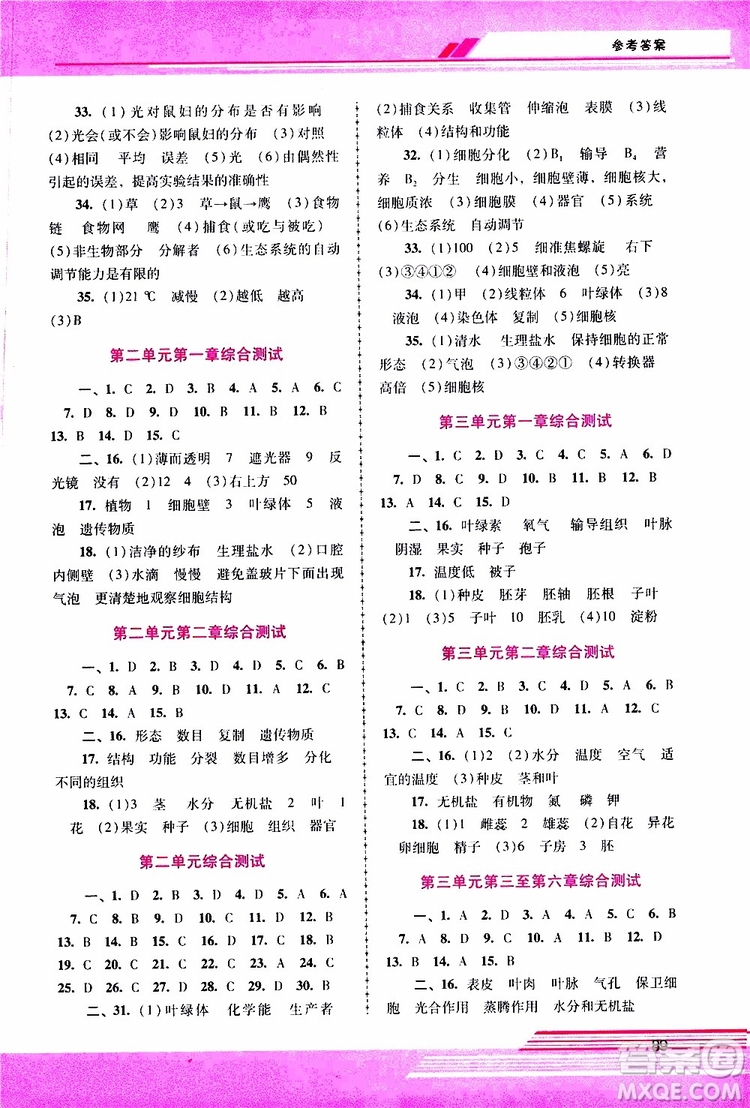 2019年新課程學(xué)習(xí)輔導(dǎo)生物學(xué)七年級(jí)上冊(cè)統(tǒng)編版參考答案