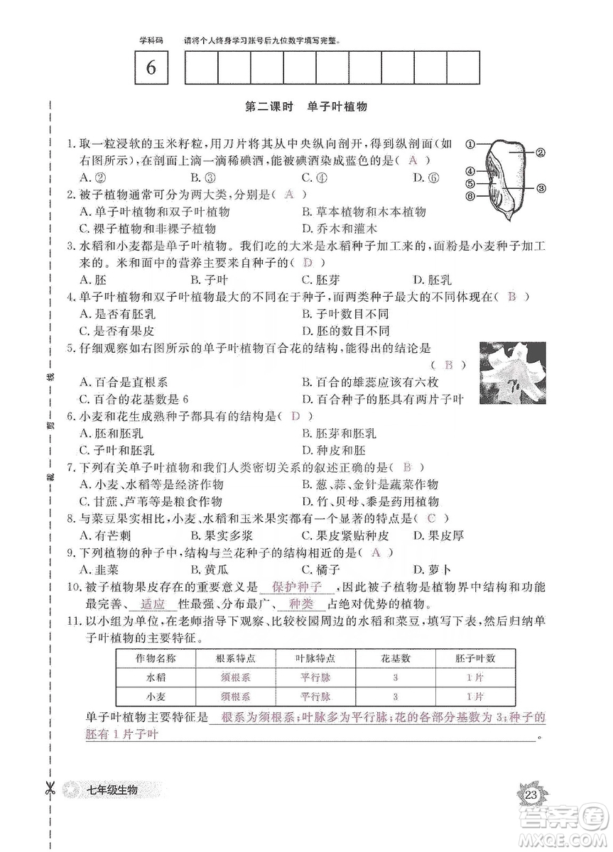 江西教育出版社2019生物作業(yè)本七年級上冊河北少兒版答案