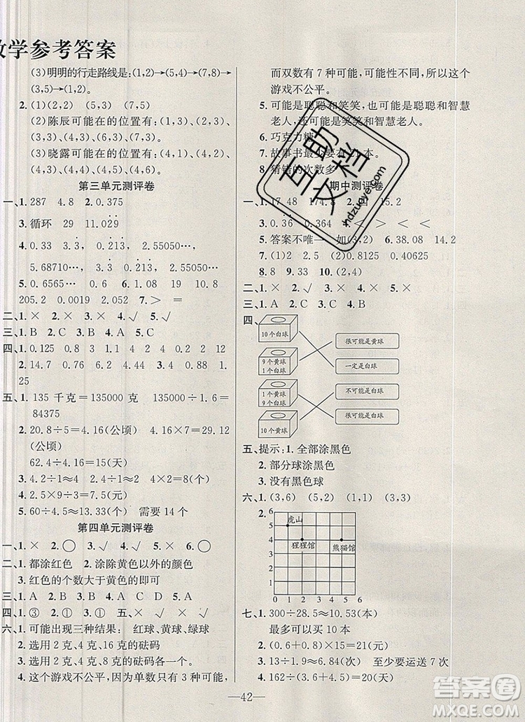 2019年人教版英才計劃同步課時高效訓練五年級數(shù)學上冊答案