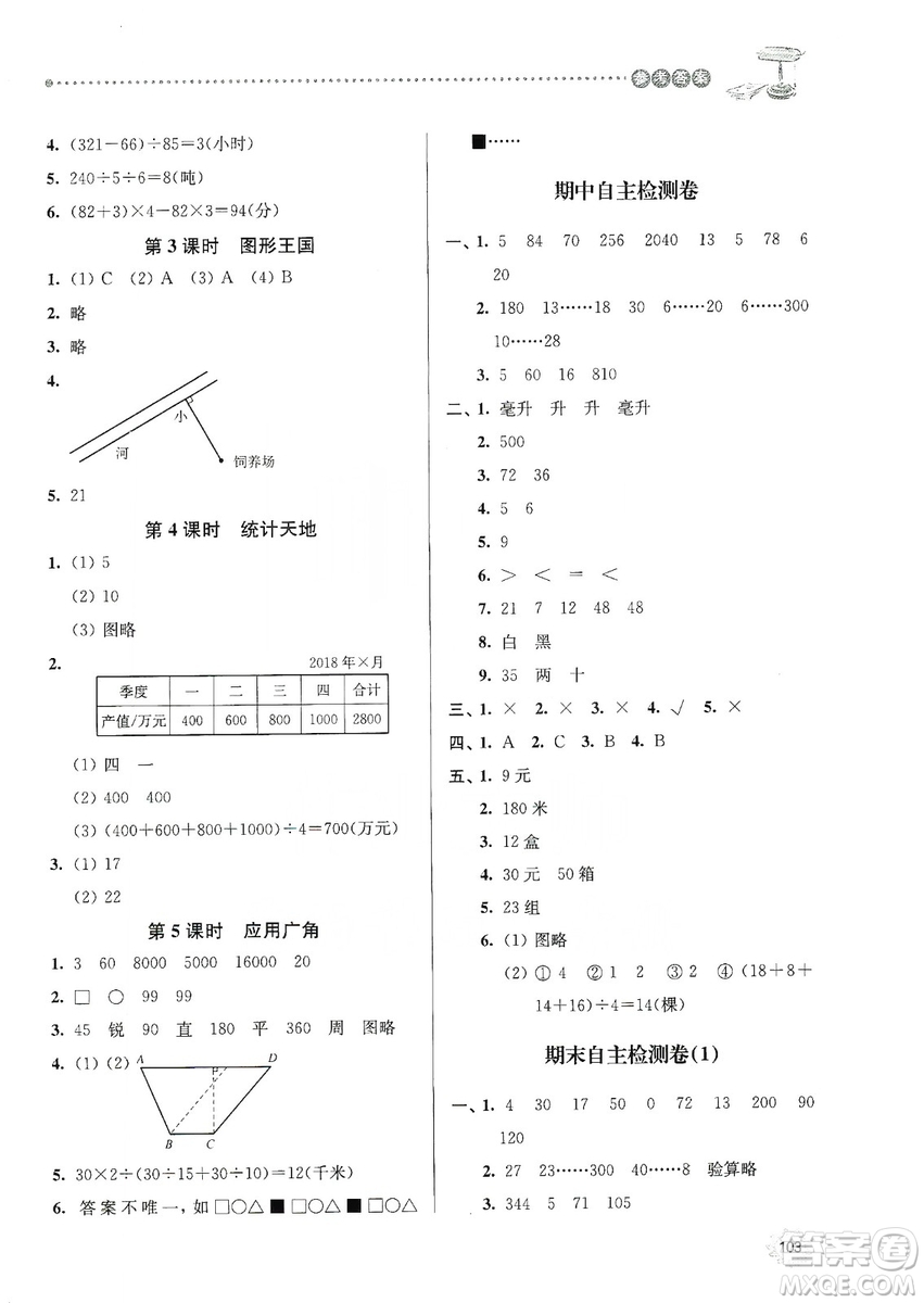 南大勵學(xué)2019課時天天練四年級數(shù)學(xué)上冊蘇科版答案