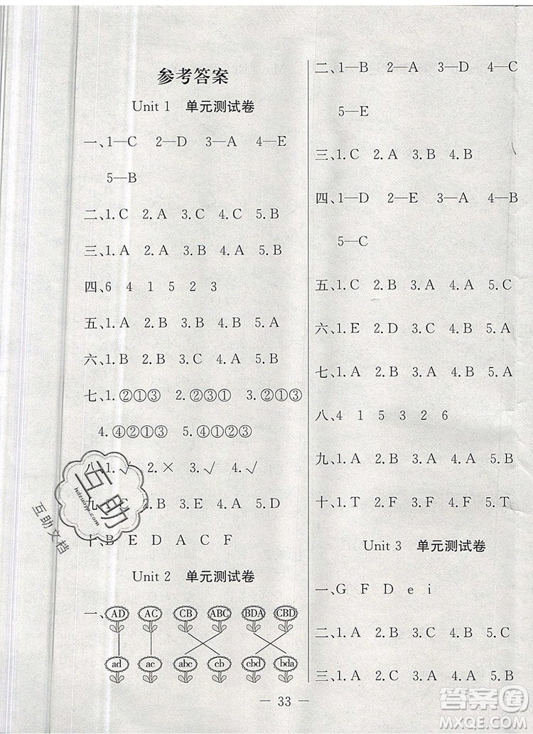 2019年人教版英才計(jì)劃同步課時(shí)高效訓(xùn)練三年級(jí)英語上冊(cè)答案