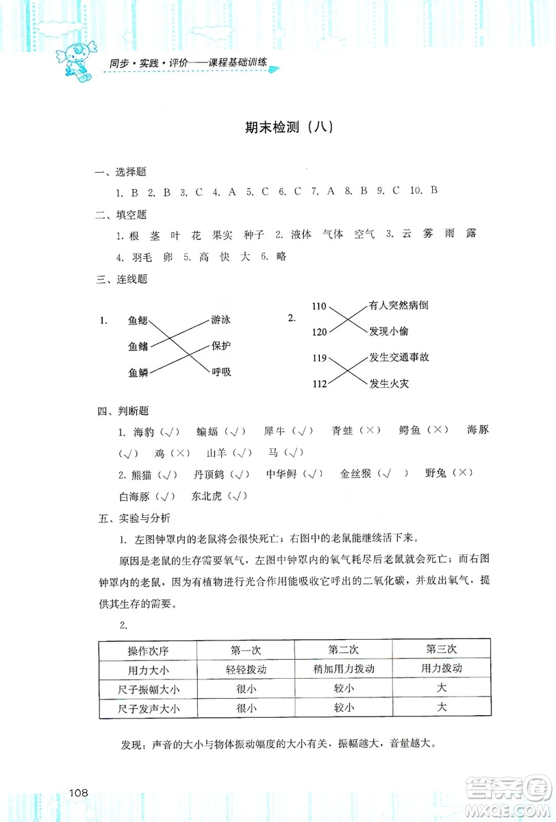 湖南少年兒童出版社2019課程基礎(chǔ)訓(xùn)練四年級上冊科學(xué)湘科版答案