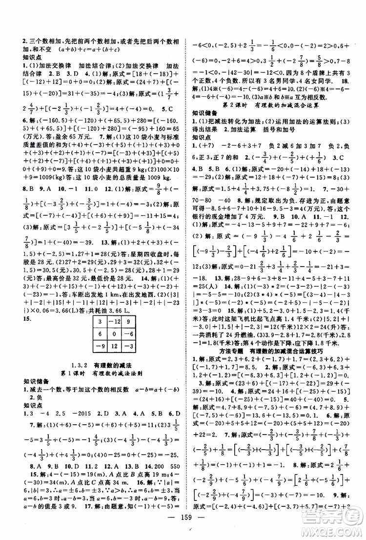 智慧萬羽2019年優(yōu)質課堂導學案數(shù)學七年級上冊人教版參考答案