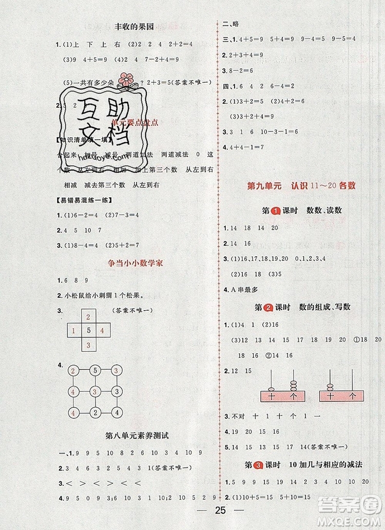 南方出版社2019年核心素養(yǎng)天天練一年級(jí)數(shù)學(xué)上冊(cè)蘇教版答案