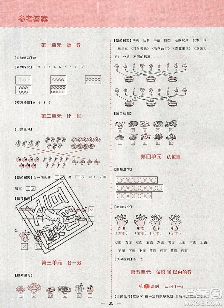 南方出版社2019年核心素養(yǎng)天天練一年級(jí)數(shù)學(xué)上冊(cè)蘇教版答案