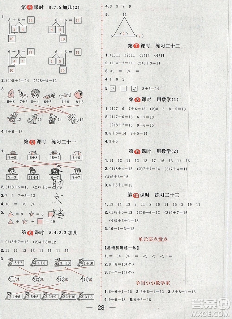 南方出版社2019年核心素養(yǎng)天天練一年級數(shù)學(xué)上冊人教版答案