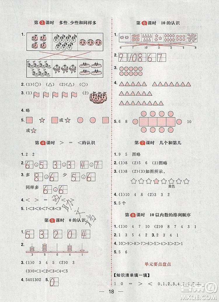 南方出版社2019年核心素養(yǎng)天天練一年級數學上冊冀教版答案