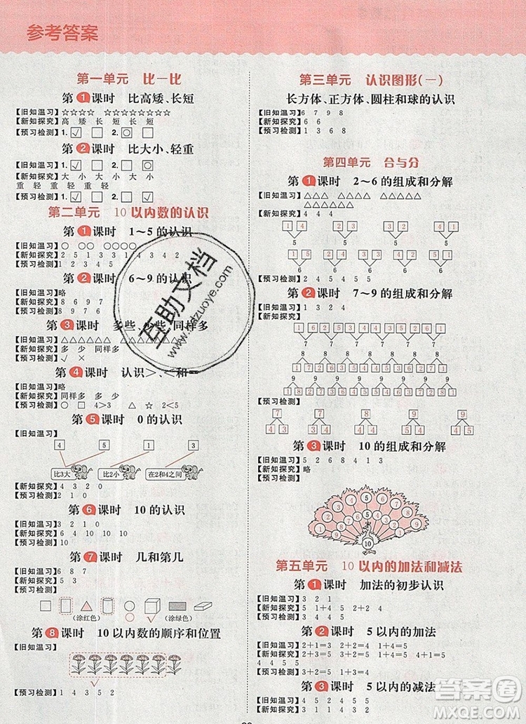 南方出版社2019年核心素養(yǎng)天天練一年級數學上冊冀教版答案