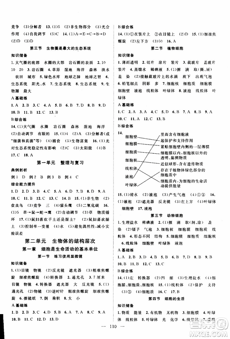 智慧萬(wàn)羽2019年優(yōu)質(zhì)課堂導(dǎo)學(xué)案生物七年級(jí)上冊(cè)人教版參考答案