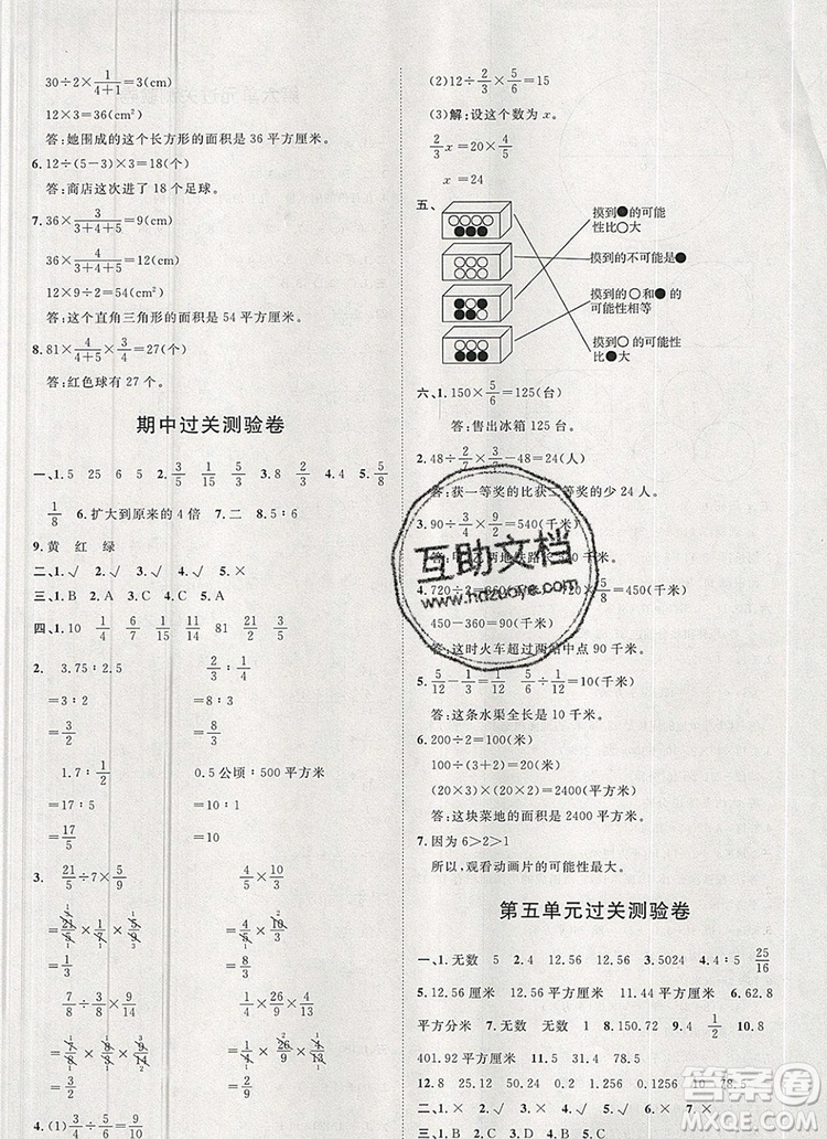 2019秋季陽光計(jì)劃第一步六年級(jí)數(shù)學(xué)上冊(cè)青島版答案