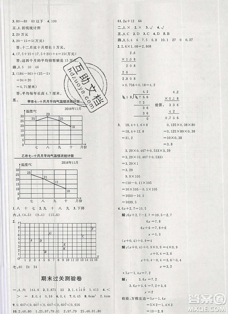 2019秋季陽光計(jì)劃第一步五年級上冊數(shù)學(xué)青島版答案