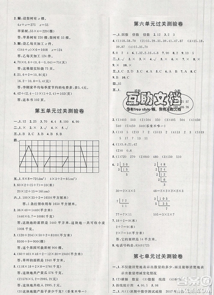 2019秋季陽光計(jì)劃第一步五年級上冊數(shù)學(xué)青島版答案