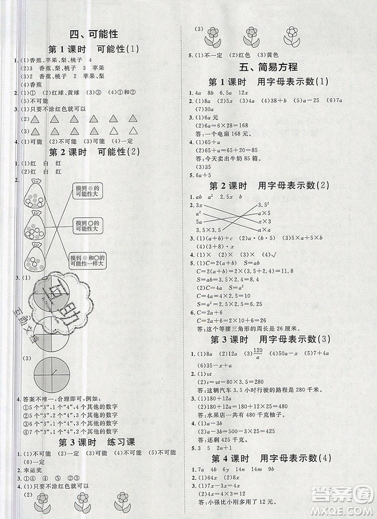 2019秋季陽(yáng)光計(jì)劃第一步五年級(jí)上冊(cè)數(shù)學(xué)人教版答案