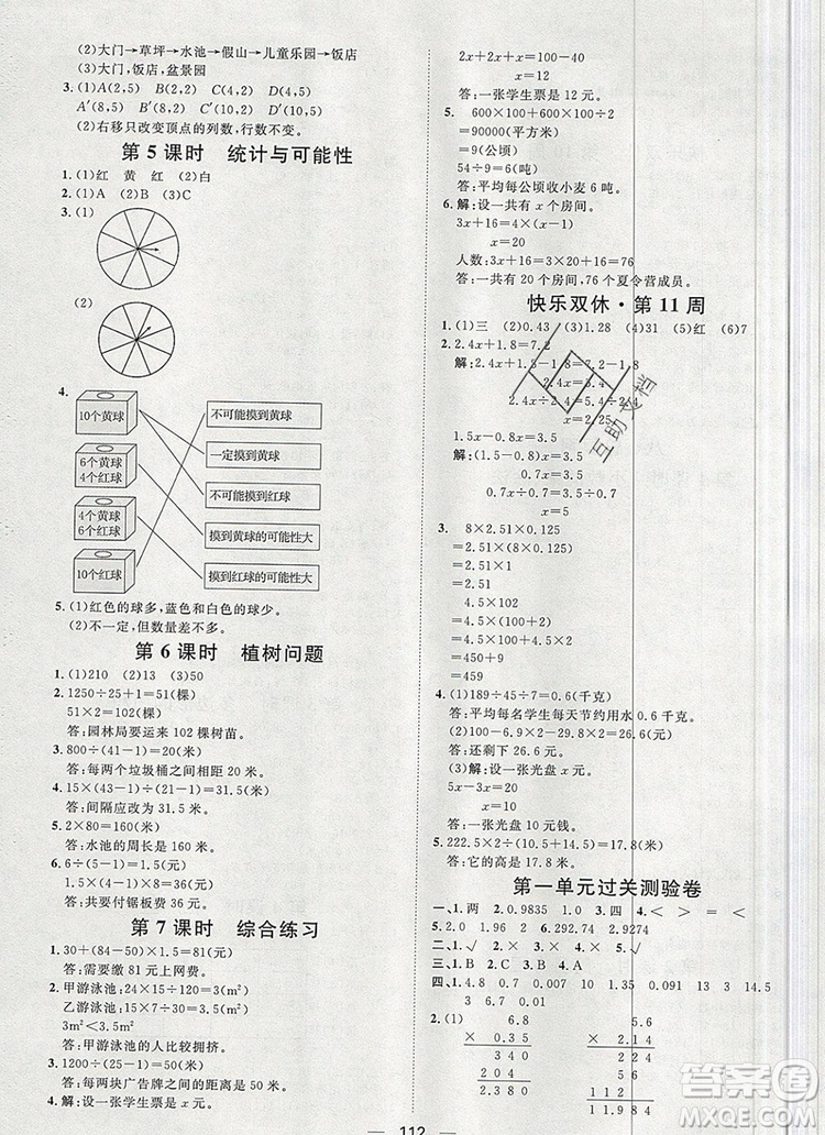 2019秋季陽(yáng)光計(jì)劃第一步五年級(jí)上冊(cè)數(shù)學(xué)人教版答案