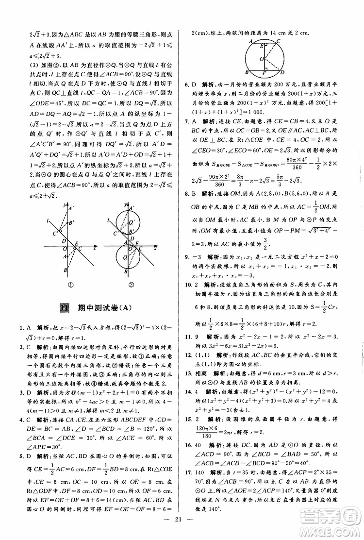 2019年亮點給力大試卷數(shù)學九年級上冊人教版參考答案