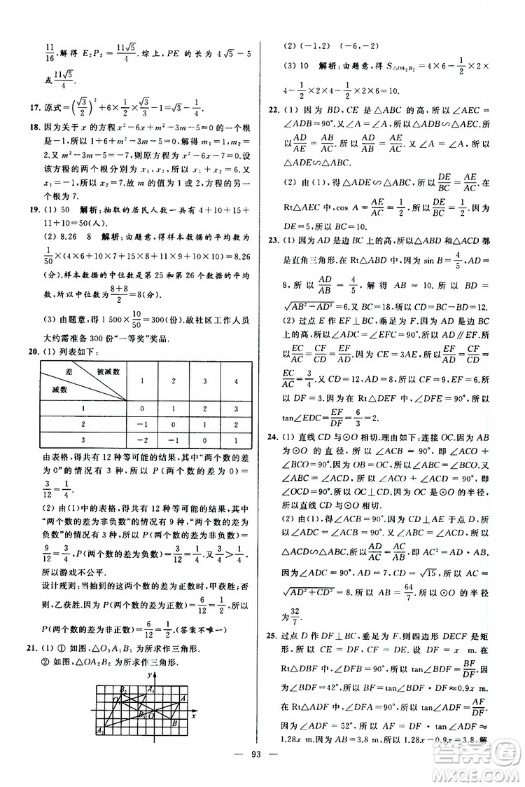 2019年亮點給力大試卷數(shù)學九年級上冊人教版參考答案