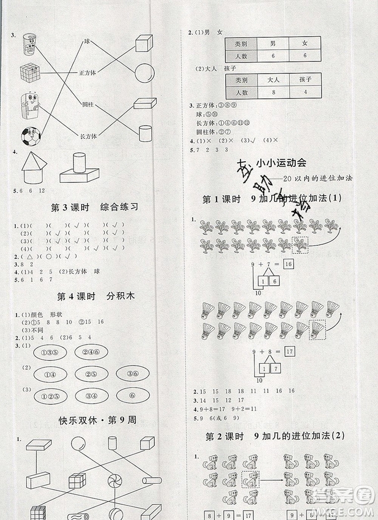 2019秋季陽光計(jì)劃第一步一年級數(shù)學(xué)上冊青島版答案