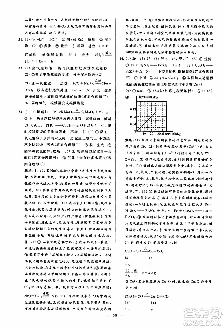 2019年亮點(diǎn)給力大試卷化學(xué)九年級(jí)上冊(cè)H滬教版參考答案