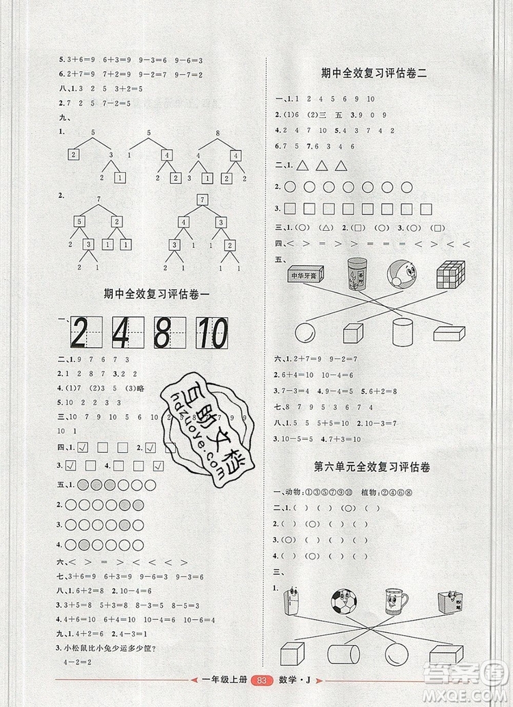 2019秋季陽光計劃第二步一年級數(shù)學上冊冀教版答案