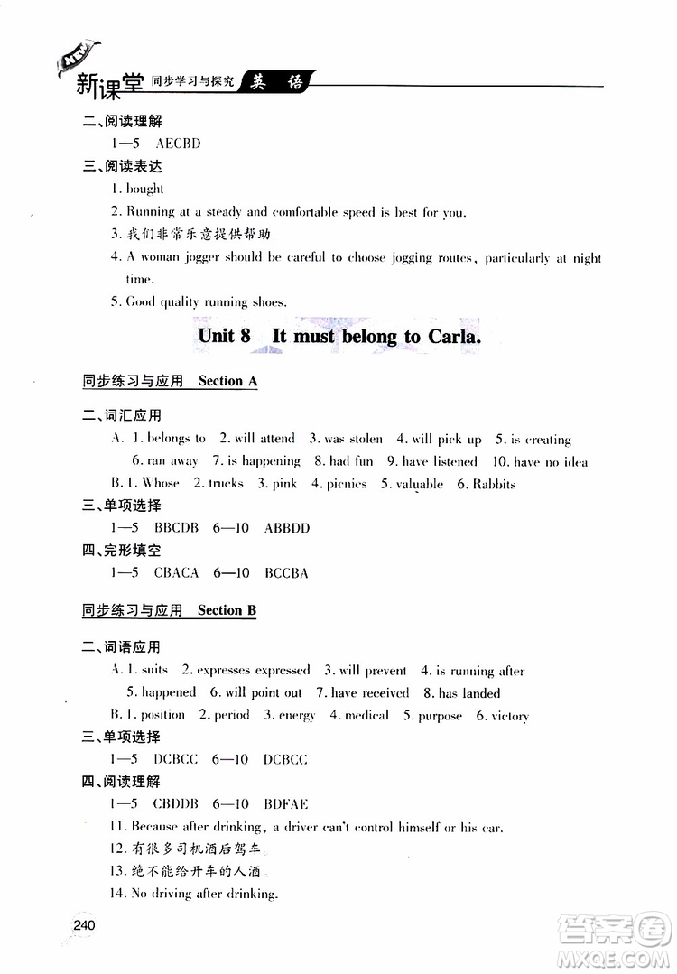 2019年新課堂同步學(xué)習(xí)與探究英語九年級全一冊人教版參考答案