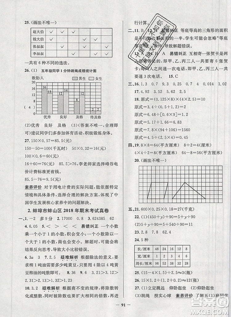 2019年安徽省真題圈小學(xué)試卷真卷三步練五年級數(shù)學(xué)上冊答案